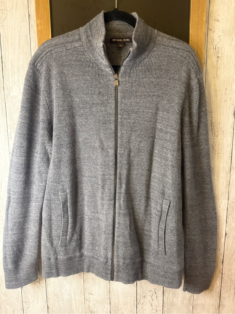 Michael Kors Mens XL Gray Waffle Knit Full Zip Mock Neck Sweater Cardigan